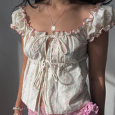 BXOXO Women Y2k Fairy Lace Shirts Cap Sleeve Button Down Lace Patchwork T-Shirts Aesthetic Babydoll Crop Tops Summer Streetwear